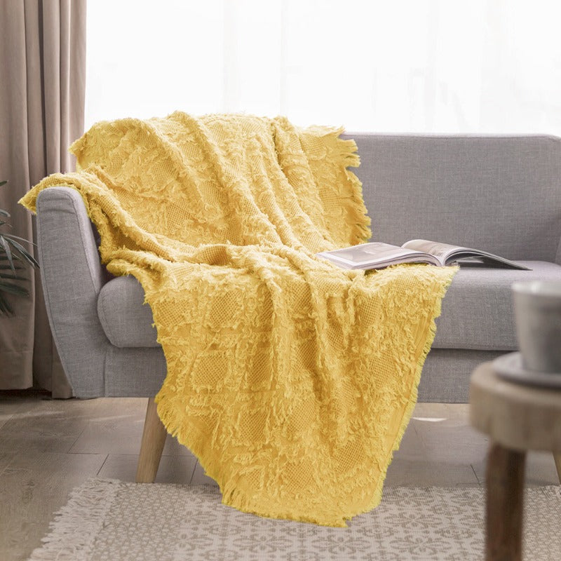 Cotton Throw Blanket - Checkered Knit Woven Tassels-yellow #color_Yellow