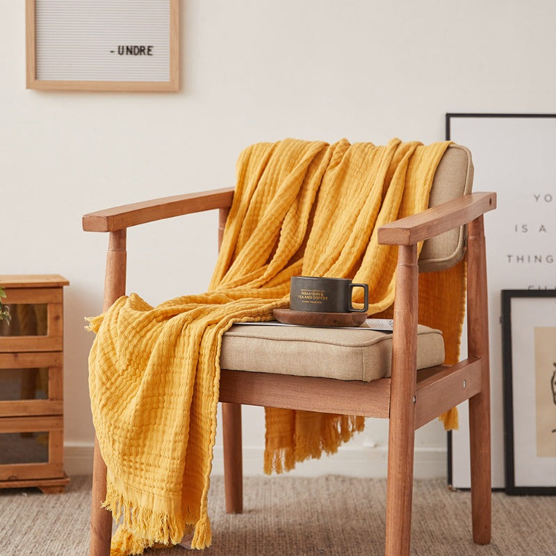 Cotton Muslin Throw Blanket - Gauze Knit Woven Tassels-yellow #color_Yellow #color_Yellow