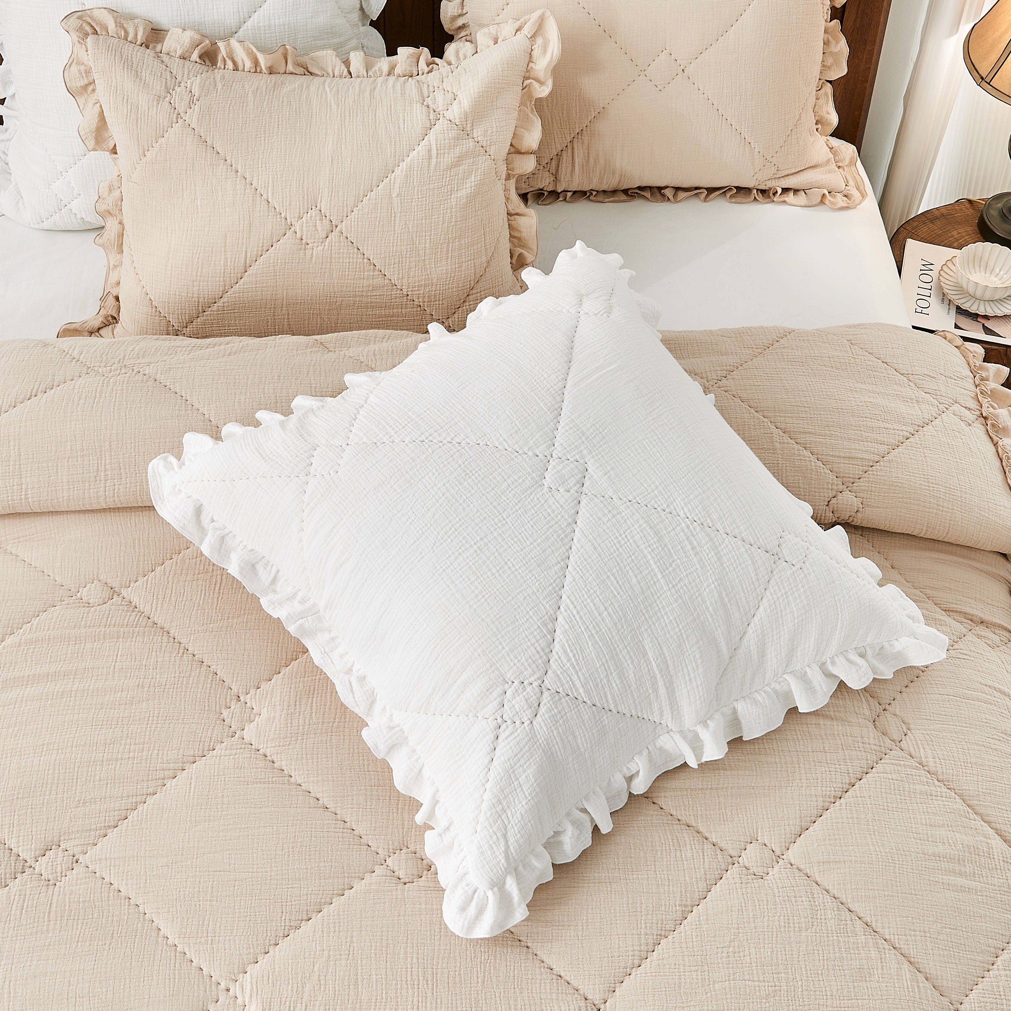 Funda de almohada estilo europeo de muselina de algodón con volantes