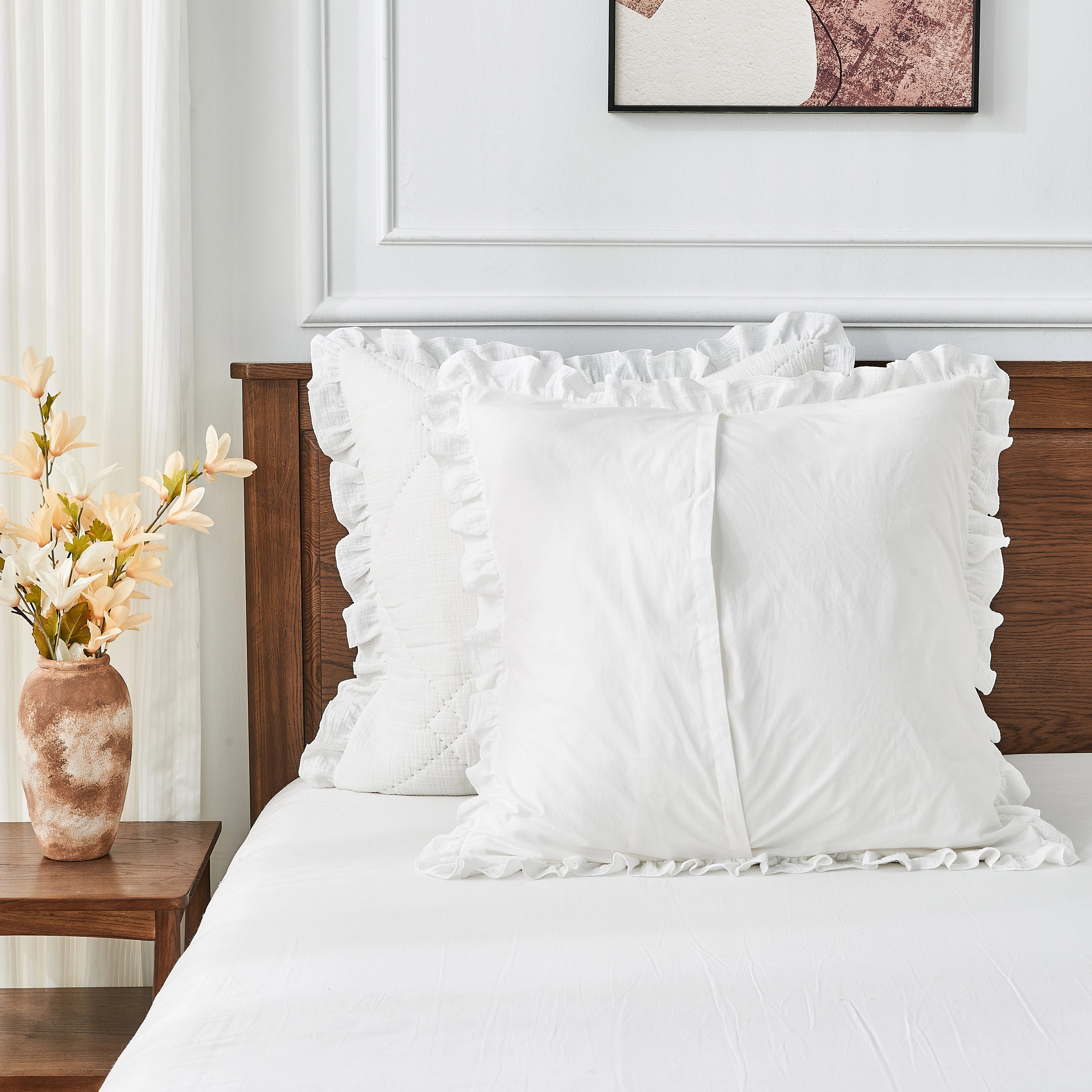 Funda de almohada estilo europeo de muselina de algodón con volantes