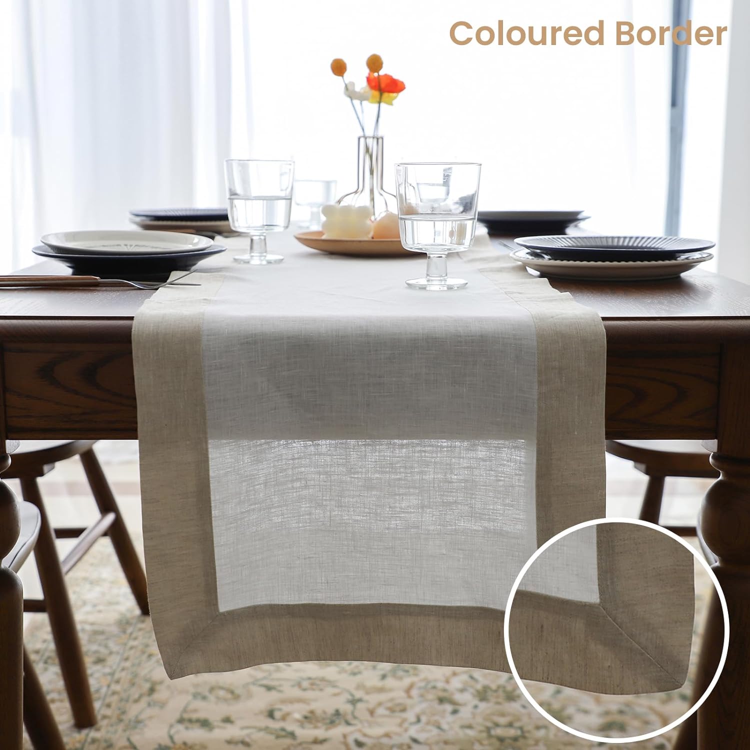 Camino de mesa de lino con borde de color